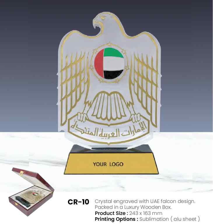 UAE Falcon Crystal Trophy with Wooden Box | Custom Engraved Corporate Award CR-10