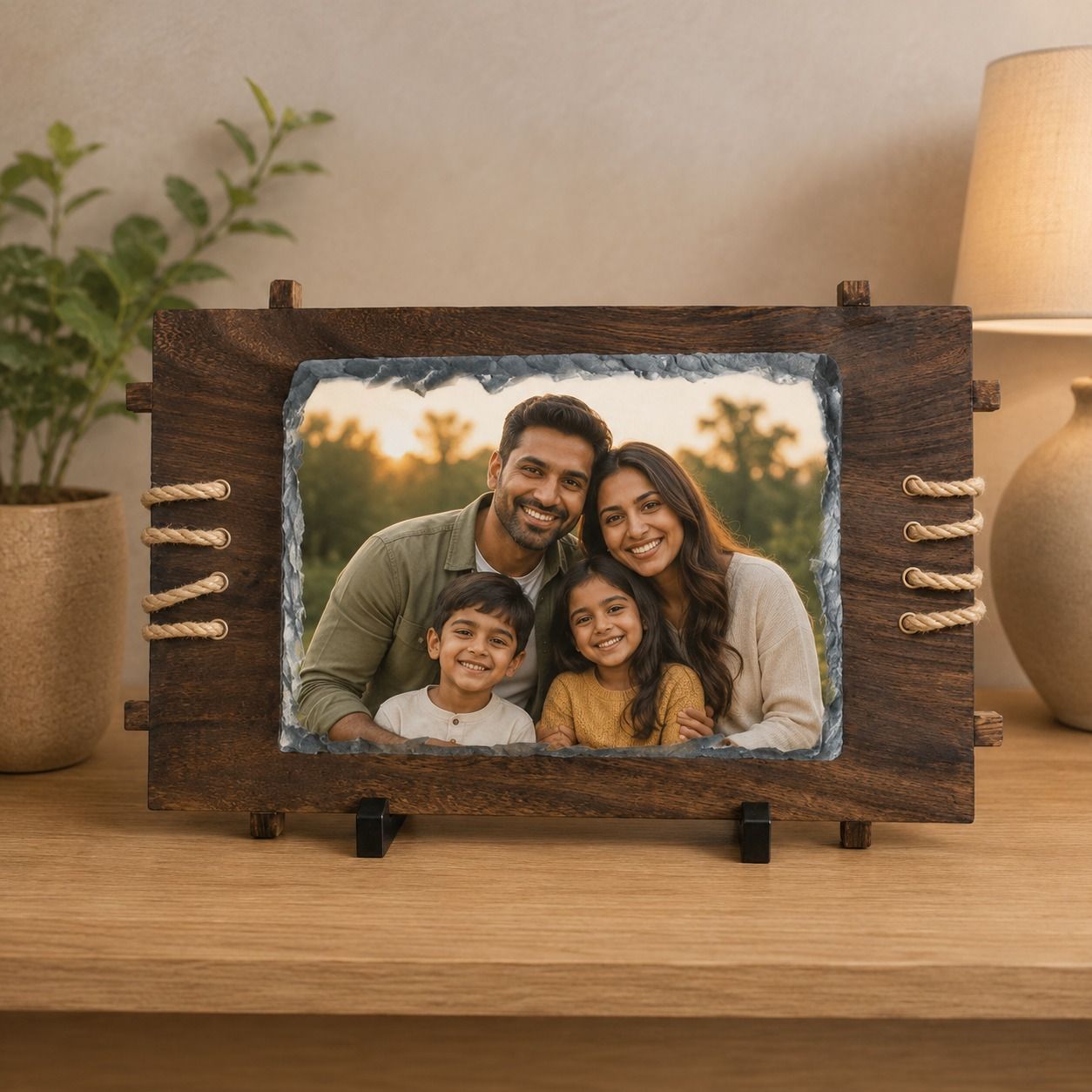 Custom Sublimation Photo Rock Slate with Wooden Base & Stand | Personalized Photo Display Plaque