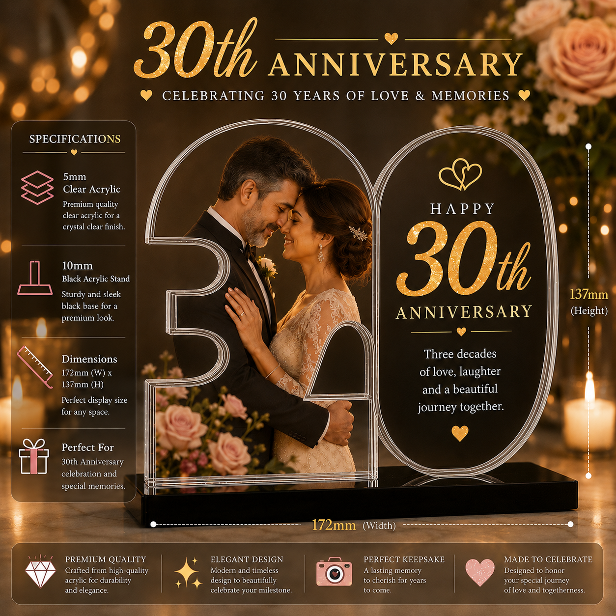 Personalized 30th Anniversary Acrylic Photo Plaque | Custom Wedding Anniversary Gift UAE