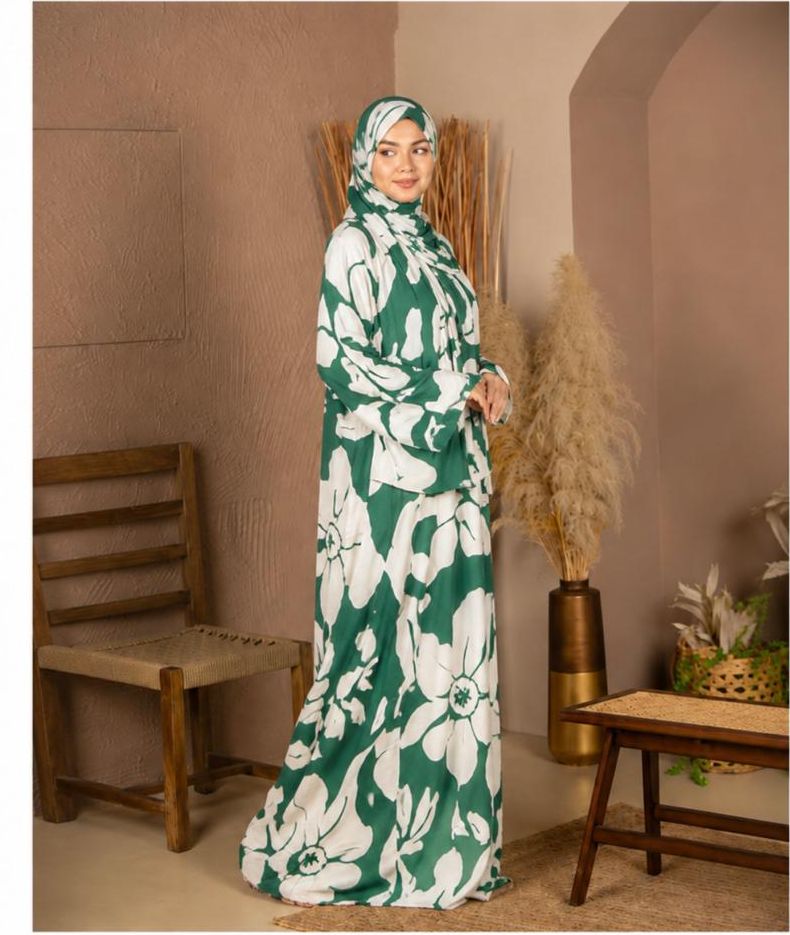 Women's Printed Prayer Dress with Attached Matching Khimar & Front Zipper – Islamic Salah Wear