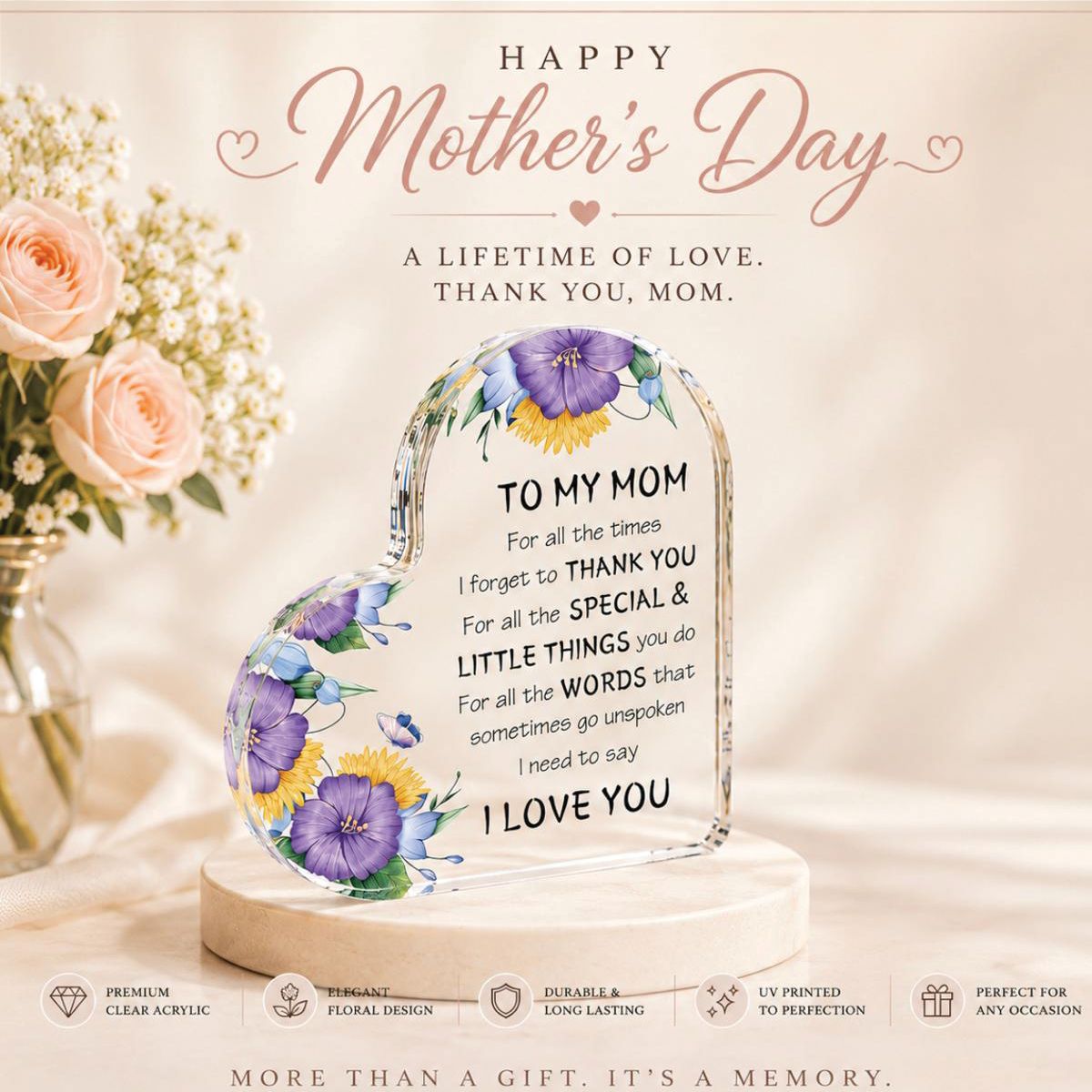 Personalized Acrylic Mother’s Day Plaque Gift | Custom Floral Acrylic Keepsake for Mom